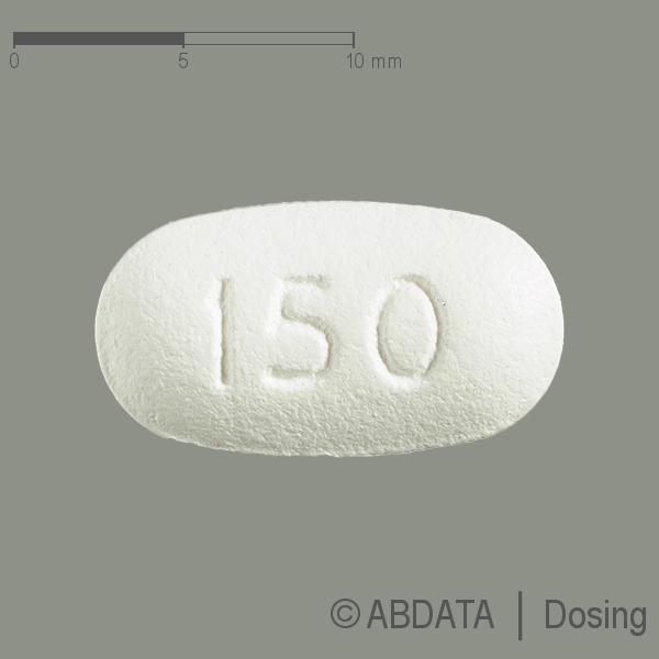 Produktabbildungen für IBANDRONSÄURE-ratiopharm 150 mg Filmtabletten in der Vorder-, Hinter- und Seitenansicht.
