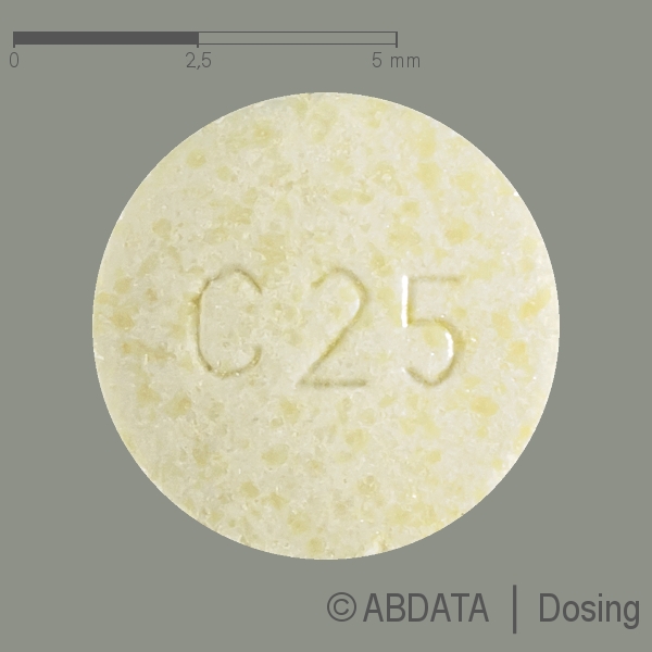 Produktabbildungen für CLOZAPIN 25-1A Pharma Tabletten in der Vorder-, Hinter- und Seitenansicht.
