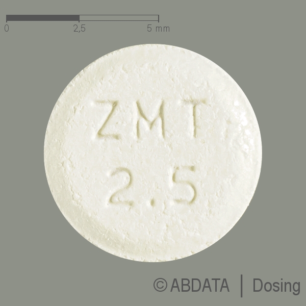 Produktabbildungen für ZOLMITRIPTAN-1A Pharma 2,5 mg Schmelztabletten in der Vorder-, Hinter- und Seitenansicht.