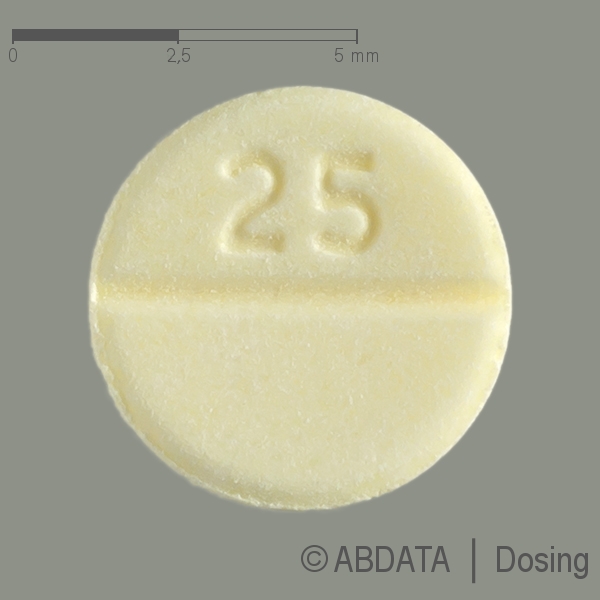 Produktabbildungen für CLOZAPIN beta 25 mg Tabletten in der Vorder-, Hinter- und Seitenansicht.