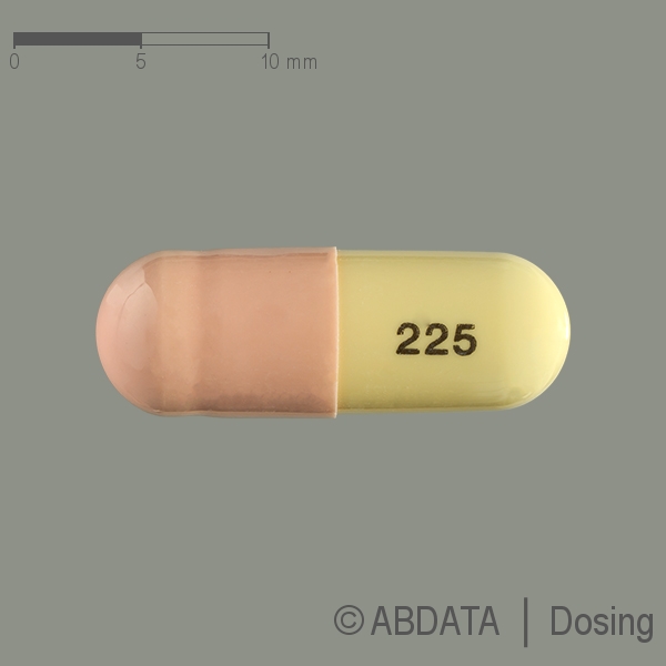 Produktabbildungen für PREGABALIN AbZ 225 mg Hartkapseln in der Vorder-, Hinter- und Seitenansicht.