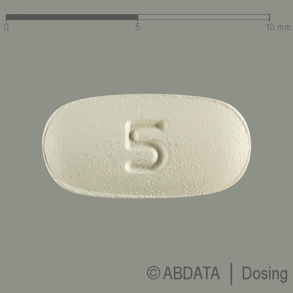 Produktabbildungen für AMBRISENTAN-ratiopharm 5 mg Filmtabletten in der Vorder-, Hinter- und Seitenansicht.