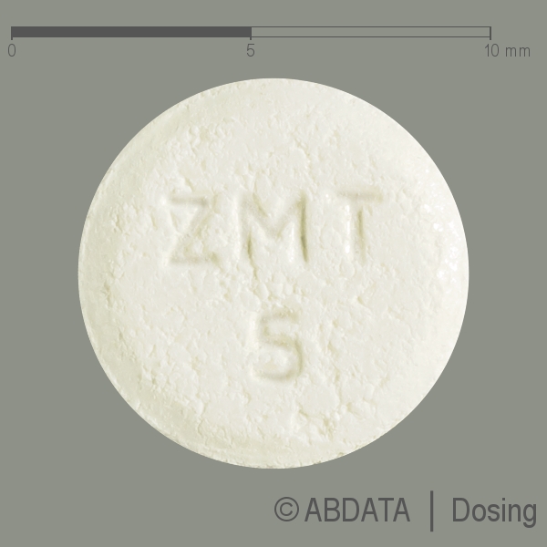 Produktabbildungen für ZOLMITRIPTAN-1A Pharma 5 mg Schmelztabletten in der Vorder-, Hinter- und Seitenansicht.