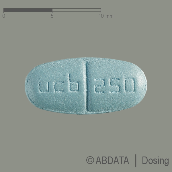 Produktabbildungen für LEVETIRACETAM UCB 250 mg Filmtabletten in der Vorder-, Hinter- und Seitenansicht.