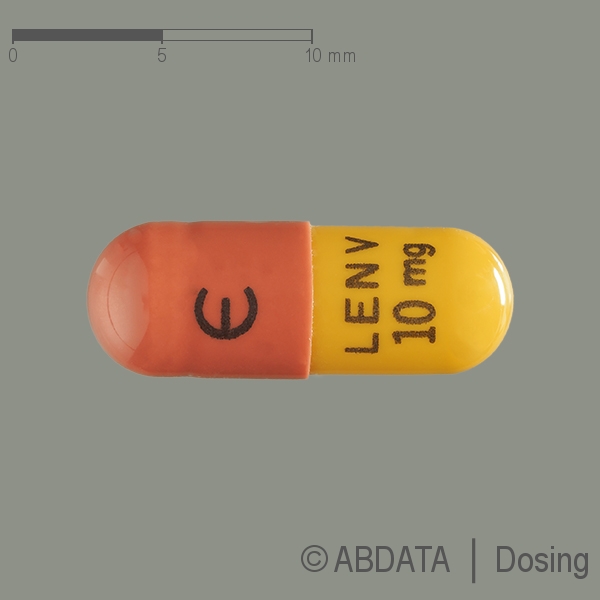 Produktabbildungen für LENVIMA Eisai 10 mg Hartkapseln in der Vorder-, Hinter- und Seitenansicht.