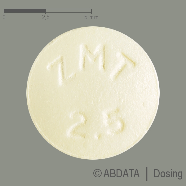 Produktabbildungen für ZOLMITRIPTAN-1A Pharma 2,5 mg Filmtabletten in der Vorder-, Hinter- und Seitenansicht.