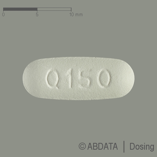 Produktabbildungen für QUETIAPIN AbZ 150 mg Retardtabletten in der Vorder-, Hinter- und Seitenansicht.
