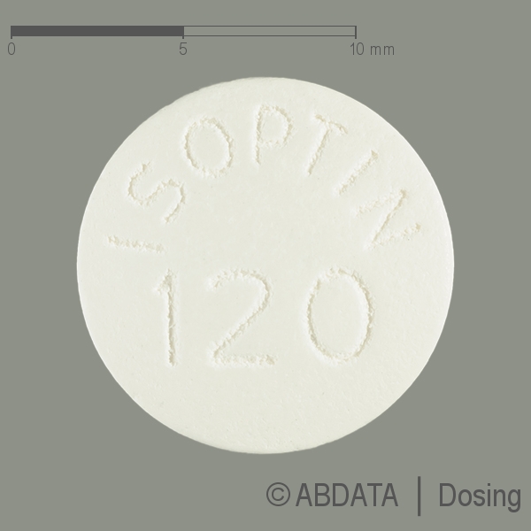 Produktabbildungen für ISOPTIN 120 mg Filmtabletten in der Vorder-, Hinter- und Seitenansicht.