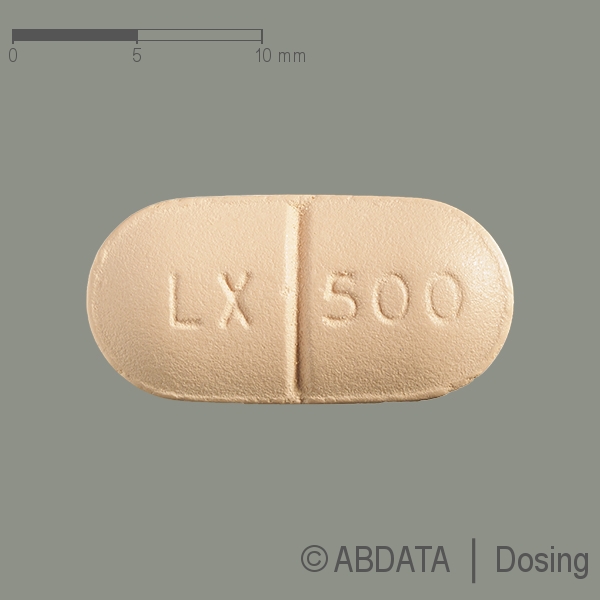 Produktabbildungen für LEVOFLOXACIN-ratiopharm 500 mg Filmtabletten in der Vorder-, Hinter- und Seitenansicht.