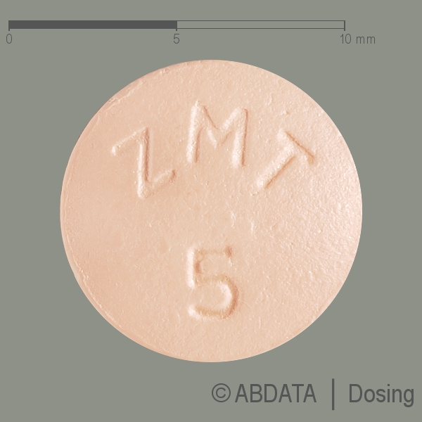 Produktabbildungen für ZOLMITRIPTAN-1A Pharma 5 mg Filmtabletten in der Vorder-, Hinter- und Seitenansicht.