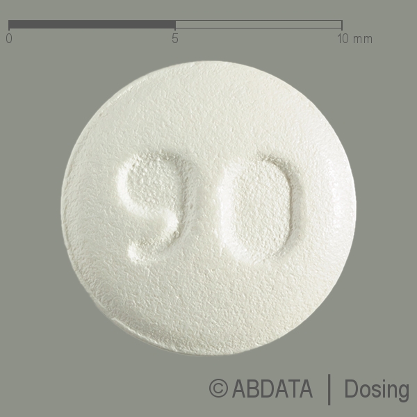 Produktabbildungen für ETORICOXIB Mylan 90 mg Filmtabletten in der Vorder-, Hinter- und Seitenansicht.