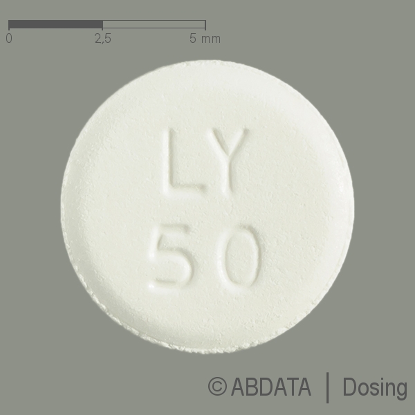 Produktabbildungen für LAMOTRIGIN dura 50 mg Tabletten in der Vorder-, Hinter- und Seitenansicht.