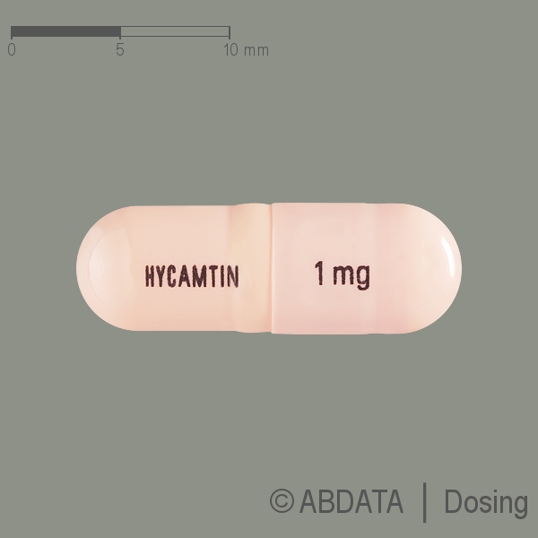 Produktabbildungen für HYCAMTIN 1 mg Hartkapseln in der Vorder-, Hinter- und Seitenansicht.