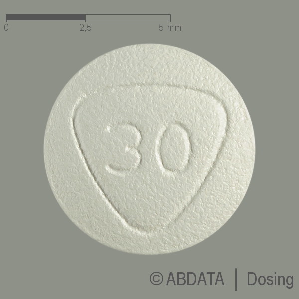 Produktabbildungen für PRILIGY 30 mg Filmtabletten in der Vorder-, Hinter- und Seitenansicht.