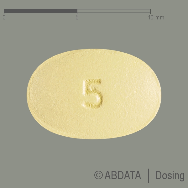 Produktabbildungen für TADAGIS 5 mg Filmtabletten in der Vorder-, Hinter- und Seitenansicht.