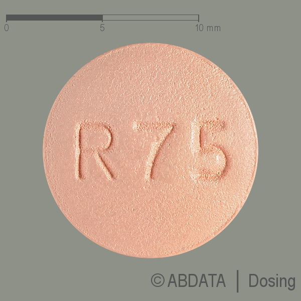 Produktabbildungen für RISEDRONSÄURE-1A Pharma 75 mg Filmtabletten in der Vorder-, Hinter- und Seitenansicht.