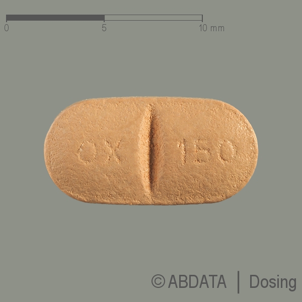 Produktabbildungen für OXCARBAZEPIN-ratiopharm 150 mg Filmtabletten in der Vorder-, Hinter- und Seitenansicht.