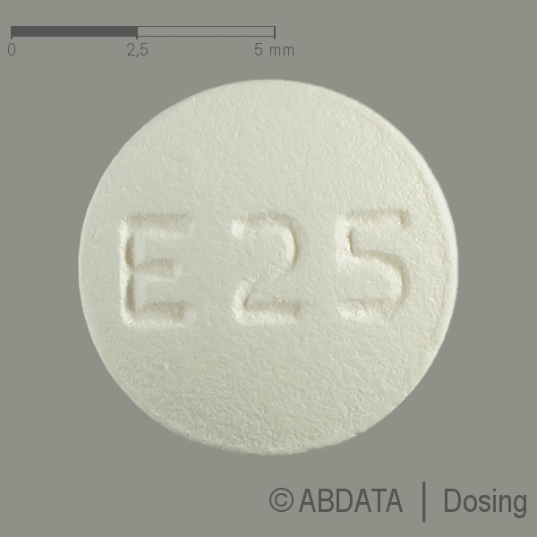 Produktabbildungen für EXEMESTAN AbZ 25 mg Filmtabletten in der Vorder-, Hinter- und Seitenansicht.