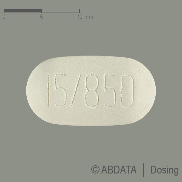 Produktabbildungen für COMPETACT 15 mg/850 mg Filmtabletten in der Vorder-, Hinter- und Seitenansicht.