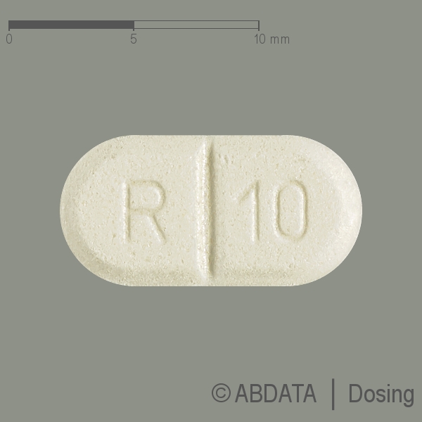 Produktabbildungen für RAMIPRIL-1A Pharma 10 mg Tabletten in der Vorder-, Hinter- und Seitenansicht.