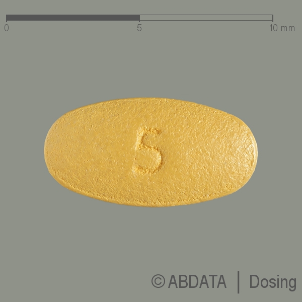Produktabbildungen für TADALAFIL-ratiopharm 5 mg Filmtabletten in der Vorder-, Hinter- und Seitenansicht.