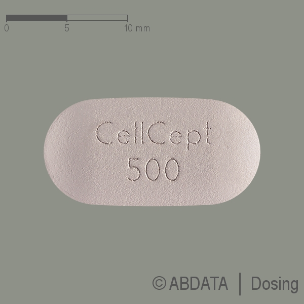Produktabbildungen für CELLCEPT 500 mg Filmtabletten in der Vorder-, Hinter- und Seitenansicht.