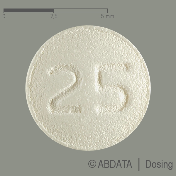Produktabbildungen für ERLOTINIB STADA 25 mg Filmtabletten in der Vorder-, Hinter- und Seitenansicht.