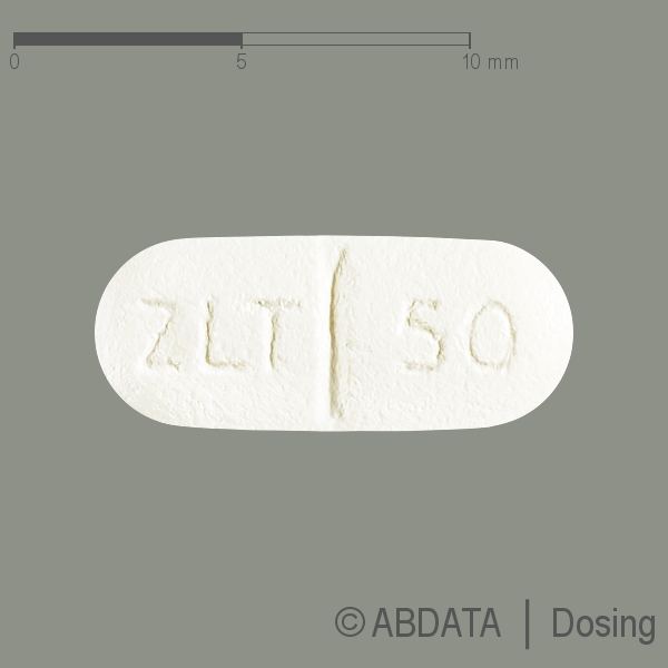 Produktabbildungen für ZOLOFT 50 mg Filmtabletten in der Vorder-, Hinter- und Seitenansicht.