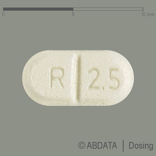 Produktabbildungen für RAMIPRIL-1A Pharma 2,5 mg Tabletten in der Vorder-, Hinter- und Seitenansicht.