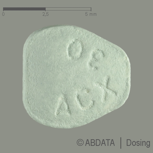 Produktabbildungen für ARCOXIA 30 mg Filmtabletten in der Vorder-, Hinter- und Seitenansicht.
