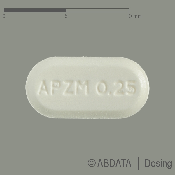 Produktabbildungen für ALPRAZOLAM AbZ 0,25 mg Tabletten in der Vorder-, Hinter- und Seitenansicht.