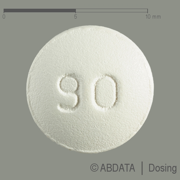 Produktabbildungen für ETORICOXIB-ratiopharm 90 mg Filmtabletten in der Vorder-, Hinter- und Seitenansicht.