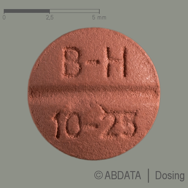 Produktabbildungen für BISOPLUS STADA 10 mg/25 mg Filmtabletten in der Vorder-, Hinter- und Seitenansicht.