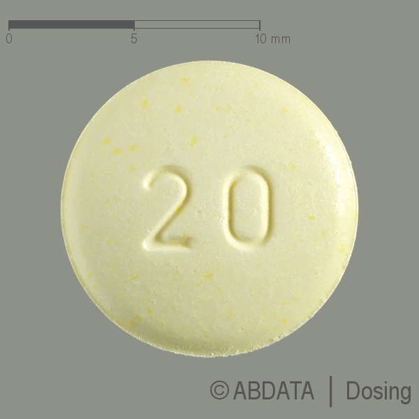 Produktabbildungen für OLANZAPIN AbZ 20 mg Tabletten in der Vorder-, Hinter- und Seitenansicht.