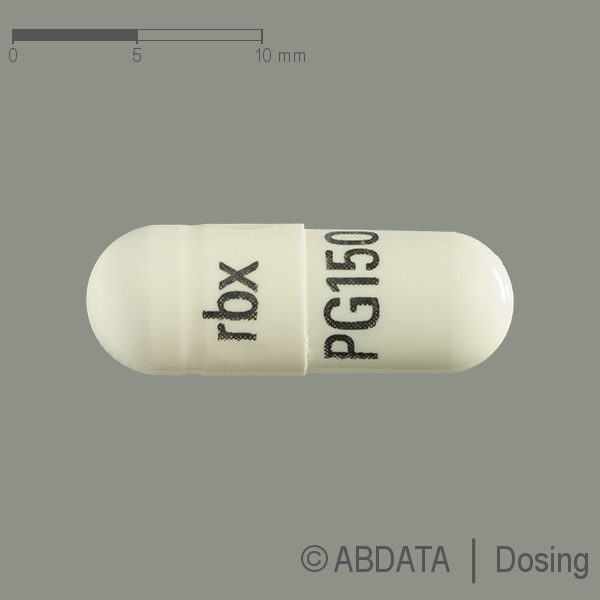Produktabbildungen für PREGABALIN BASICS 150 mg Hartkapseln in der Vorder-, Hinter- und Seitenansicht.