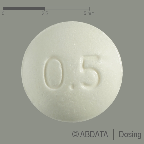 Produktabbildungen für FLUORETTEN 0,5 mg Tabletten in der Vorder-, Hinter- und Seitenansicht.