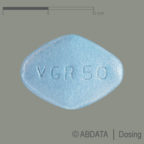 Produktabbildungen für VIAGRA 50 mg Filmtabletten in der Vorder-, Hinter- und Seitenansicht.