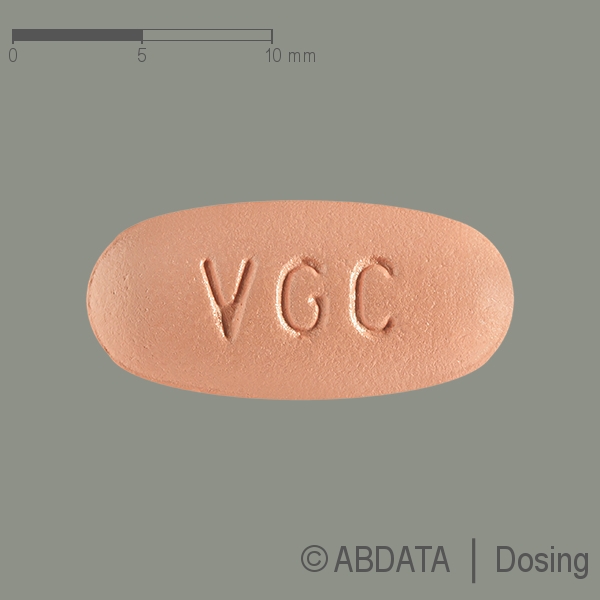 Produktabbildungen für VALCYTE 450 mg Filmtabletten in der Vorder-, Hinter- und Seitenansicht.