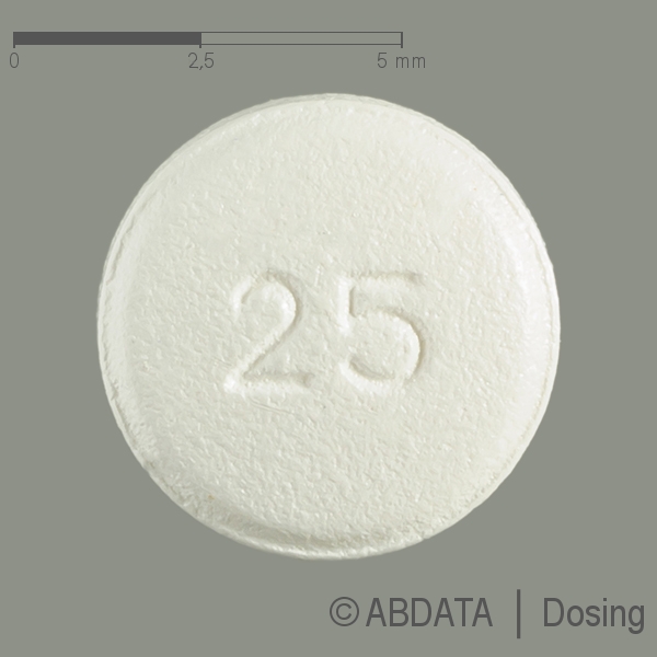 Produktabbildungen für TOPAMAX 25 mg Filmtabletten in der Vorder-, Hinter- und Seitenansicht.