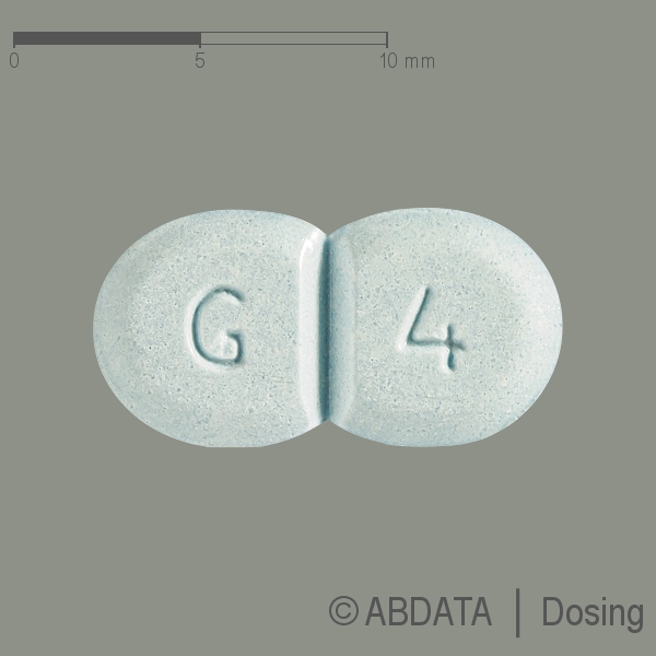 Produktabbildungen für GLIMEPIRID-1A Pharma 4 mg Tabletten in der Vorder-, Hinter- und Seitenansicht.