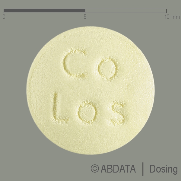 Produktabbildungen für LOSARHCT-Denk 50 mg/12,5 mg Filmtabletten in der Vorder-, Hinter- und Seitenansicht.