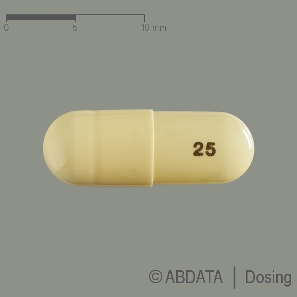 Produktabbildungen für PREGABALIN-ratiopharm 25 mg Hartkapseln in der Vorder-, Hinter- und Seitenansicht.