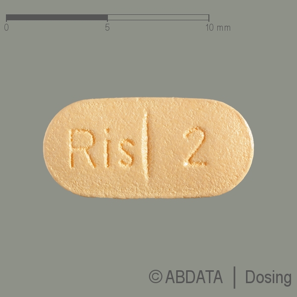 Produktabbildungen für RISPERDAL 2 mg Filmtabletten in der Vorder-, Hinter- und Seitenansicht.