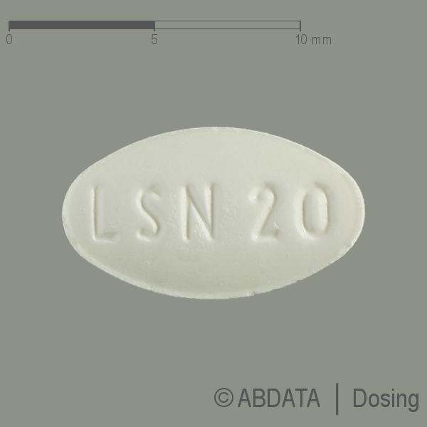 Produktabbildungen für LISINOPRIL Teva 20 mg Tabletten in der Vorder-, Hinter- und Seitenansicht.