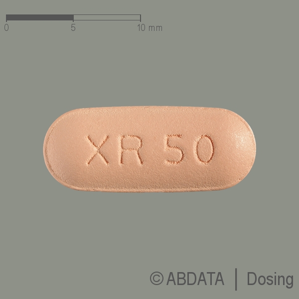 Produktabbildungen für SEROQUEL Prolong 50 mg Retardtabletten in der Vorder-, Hinter- und Seitenansicht.