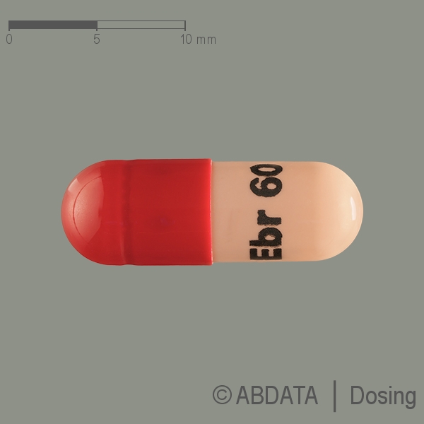 Produktabbildungen für EBRANTIL 60 mg Retardkapseln in der Vorder-, Hinter- und Seitenansicht.