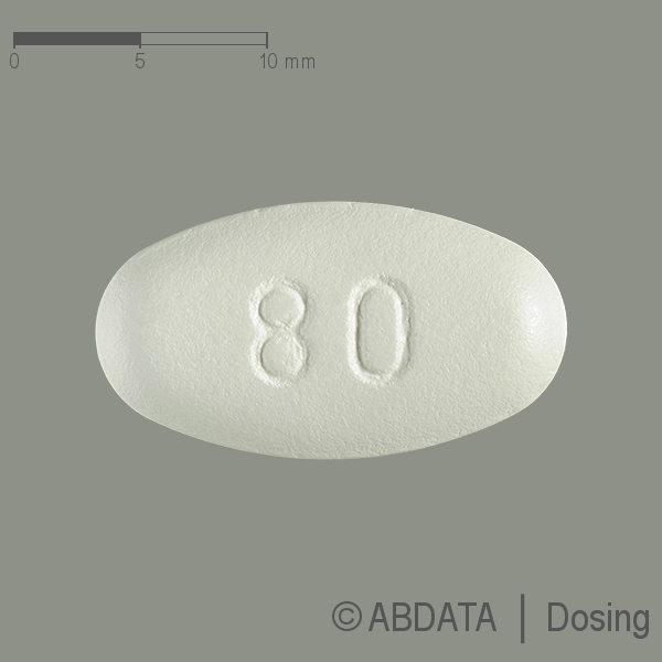Produktabbildungen für ATORVASTATIN Hennig 80 mg Filmtabletten in der Vorder-, Hinter- und Seitenansicht.
