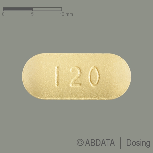 Produktabbildungen für ADENURIC 120 mg Filmtabletten in der Vorder-, Hinter- und Seitenansicht.