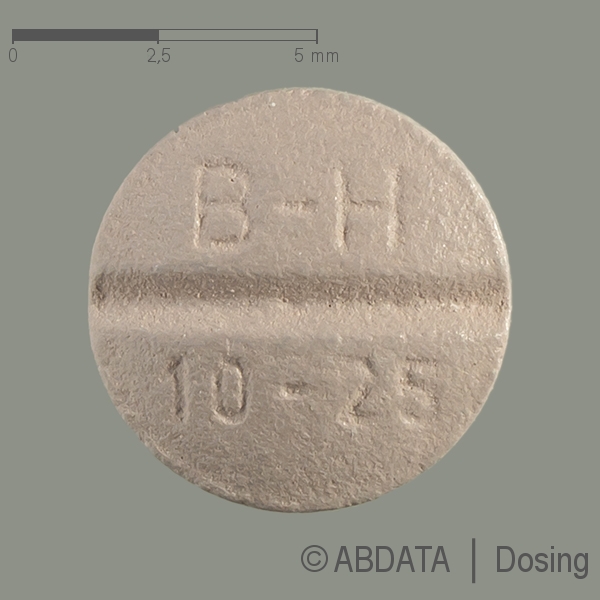 Produktabbildungen für BISOPROLOL comp. AbZ 10/25 mg Filmtabletten in der Vorder-, Hinter- und Seitenansicht.