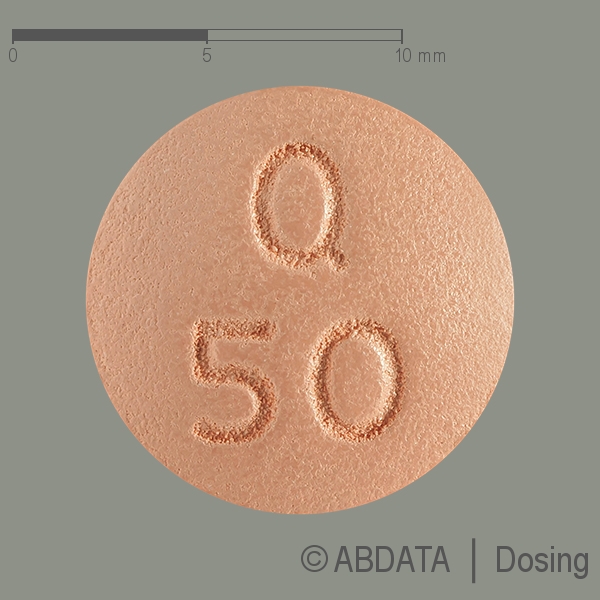 Produktabbildungen für QUETIAPIN Accord 50 mg Retardtabletten in der Vorder-, Hinter- und Seitenansicht.